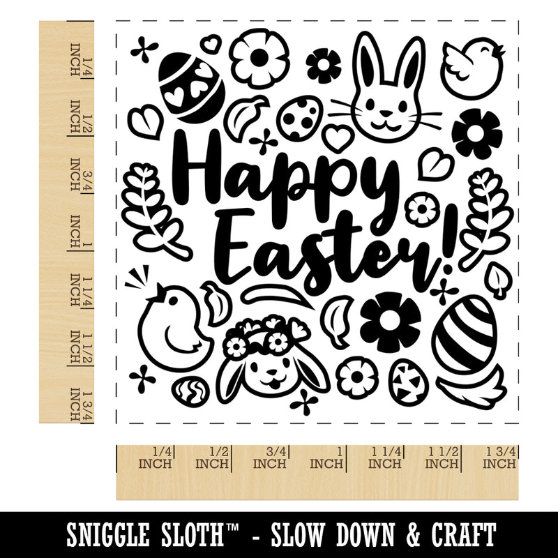 Happy Easter with Bunny Chicks Flowers and Eggs Square Rubber Stamp for Stamping Crafting