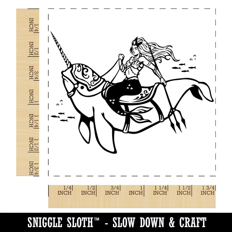 Majestic Mermaid Riding Narwhal Square Rubber Stamp for Stamping Crafting