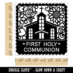 First Holy Communion Cute Chapel with Floral Scalloped Border Square Rubber Stamp for Stamping Crafting