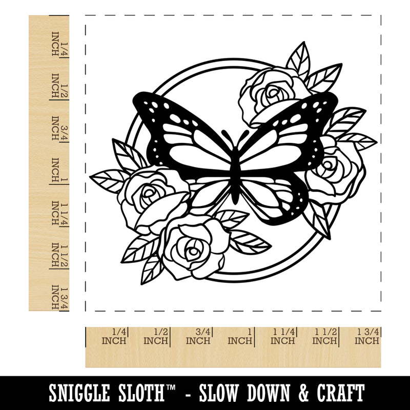 Monarch Butterfly with Roses in Circle Frame Square Rubber Stamp for Stamping Crafting