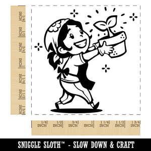 Proud Gardening Gardener Girl with Potted Plant Square Rubber Stamp for Stamping Crafting