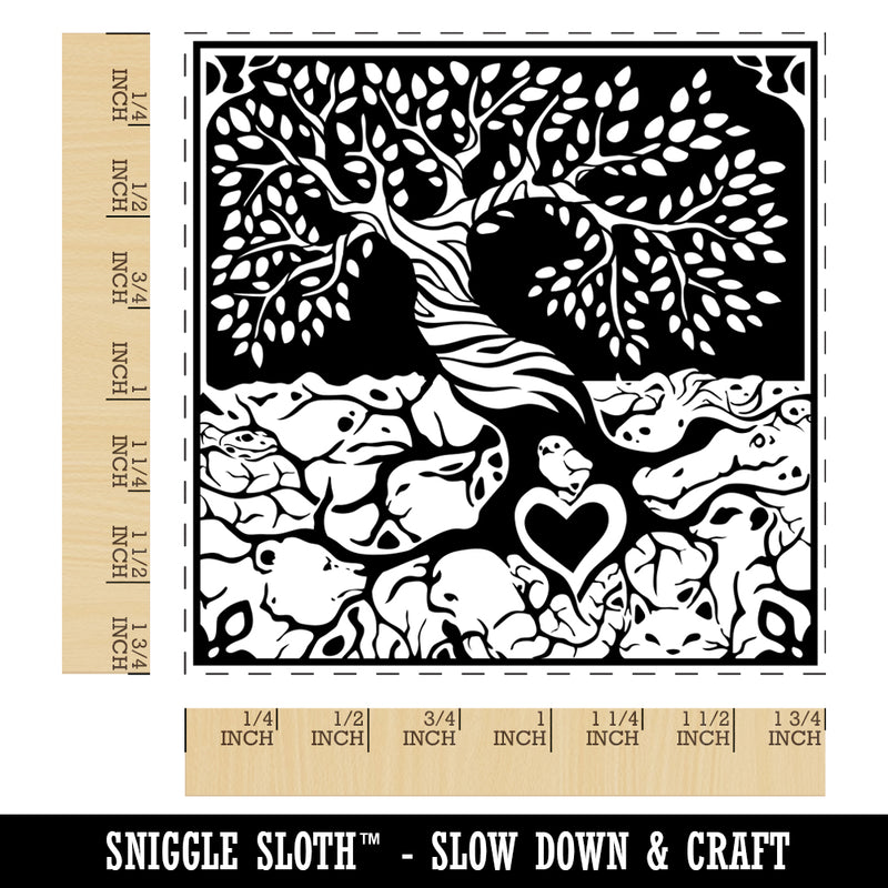 Tree of Life with Hidden Animals in Roots Square Rubber Stamp for Stamping Crafting