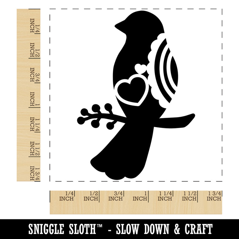 Bird Sitting on a Branch Heart and Scallop Details Square Rubber Stamp for Stamping Crafting