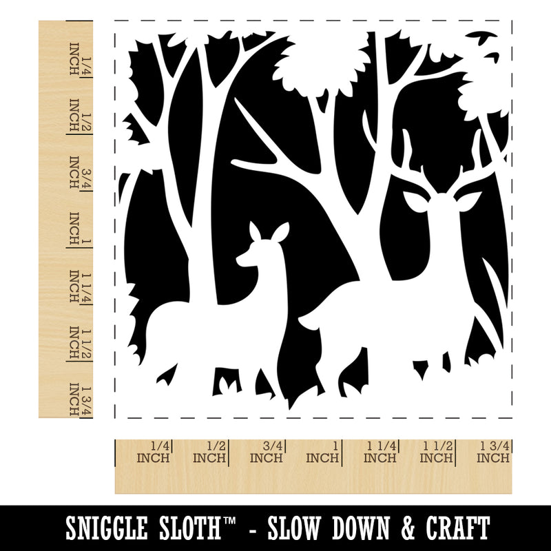 Pair of Deer Silhouette in Forest Square Rubber Stamp for Stamping Crafting