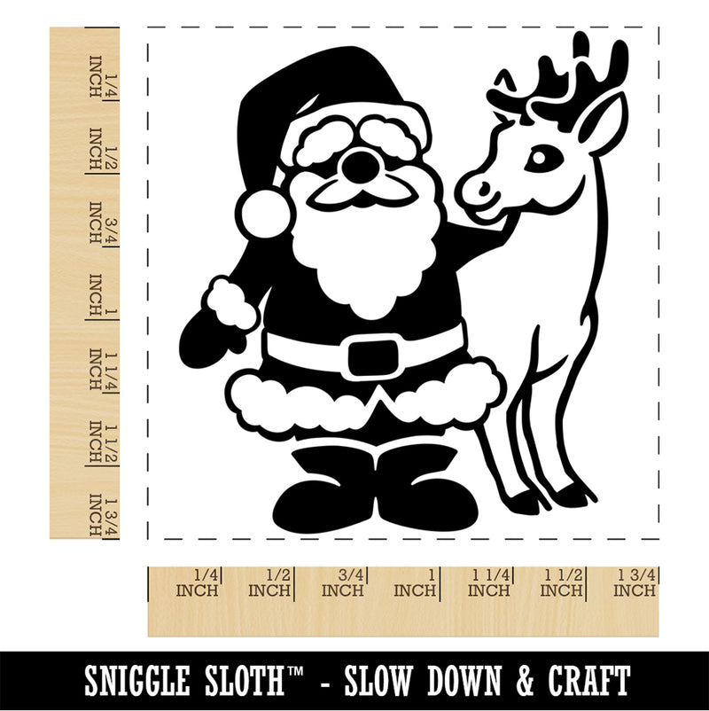 Santa Claus Standing with Reindeer Christmas Square Rubber Stamp for Stamping Crafting