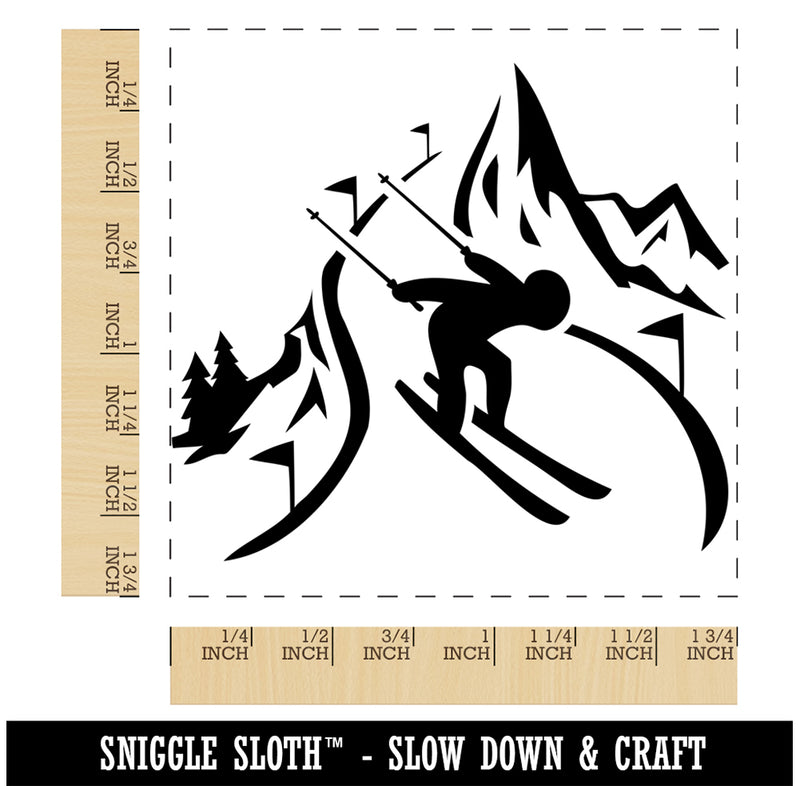 Skier Skiing Down Mountain Slopes Square Rubber Stamp for Stamping Crafting