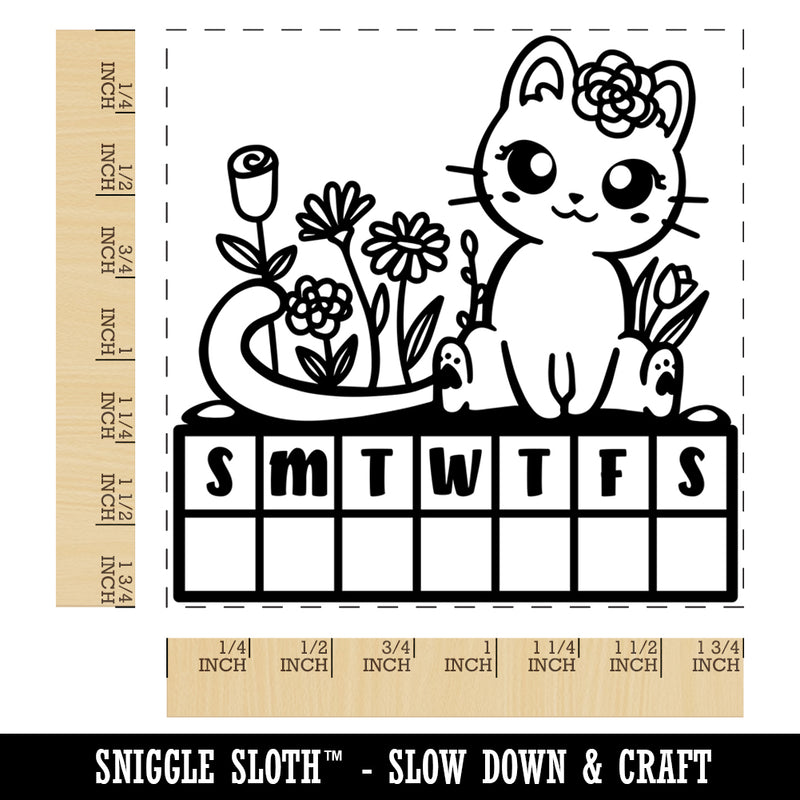 Weekly Habit Tracker Cat and Flowers Sunday Start Square Rubber Stamp for Stamping Crafting