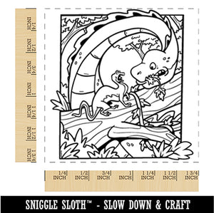 Small Dinosaur Spooked by Big Brontosaurus Square Rubber Stamp for Stamping Crafting