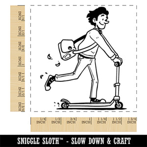 Young Man Student on Scooter Square Rubber Stamp for Stamping Crafting