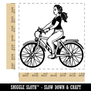 Young Woman Cyclist on Bicycle Bike Square Rubber Stamp for Stamping Crafting