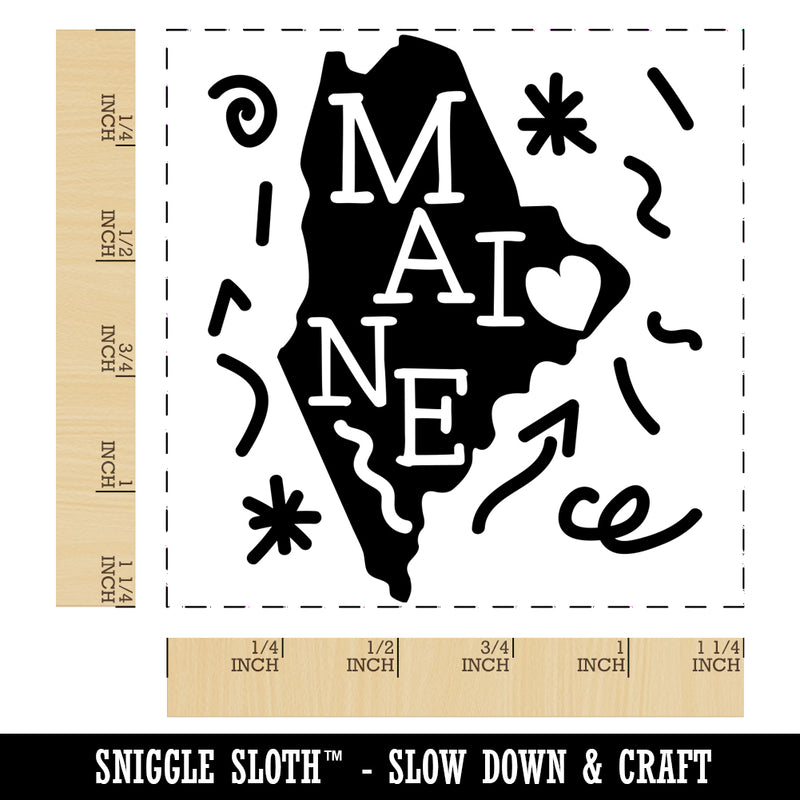 Maine State with Text Swirls Square Rubber Stamp for Stamping Crafting