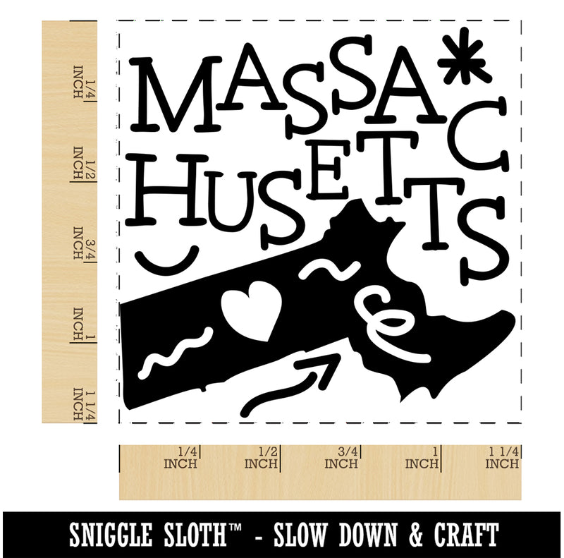 Massachusetts State with Text Swirls Square Rubber Stamp for Stamping Crafting