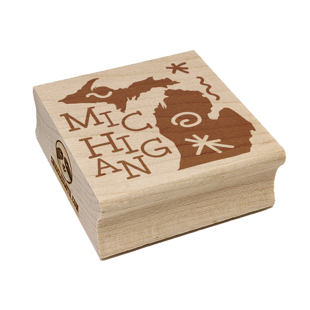 Michigan State with Text Swirls Square Rubber Stamp for Stamping Crafting