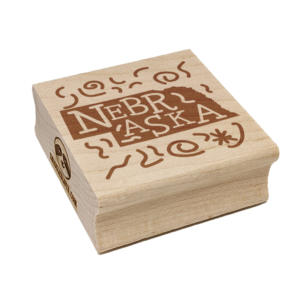 Nebraska State with Text Swirls Square Rubber Stamp for Stamping Crafting