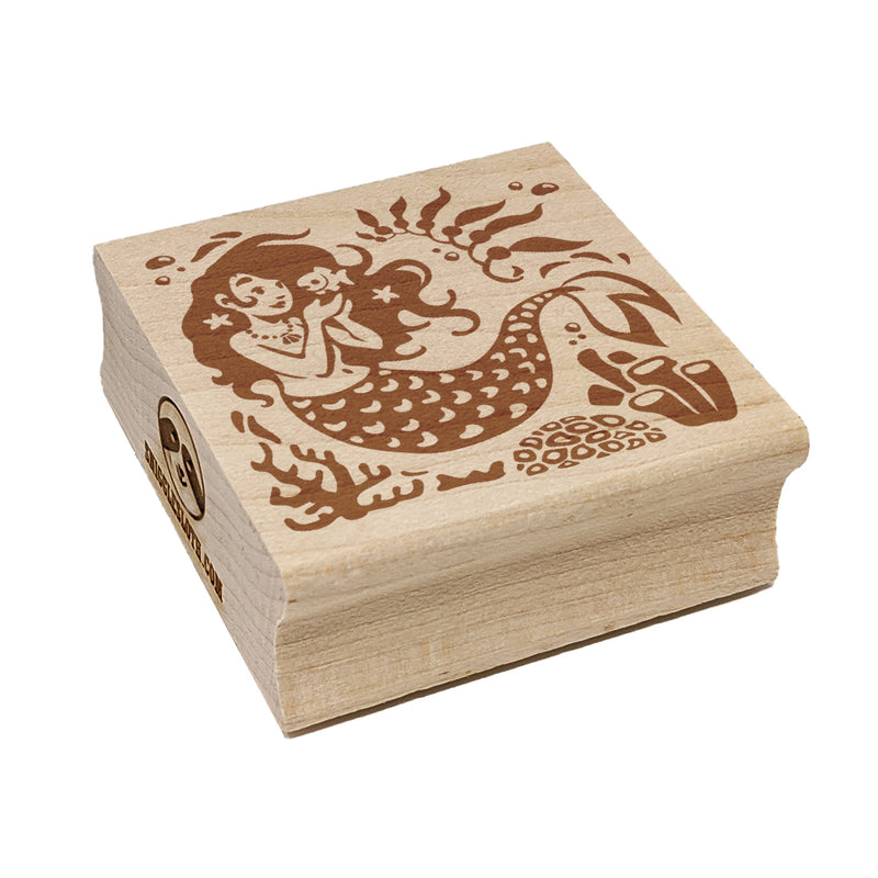 Mermaid Swimming in Reef Square Rubber Stamp for Stamping Crafting