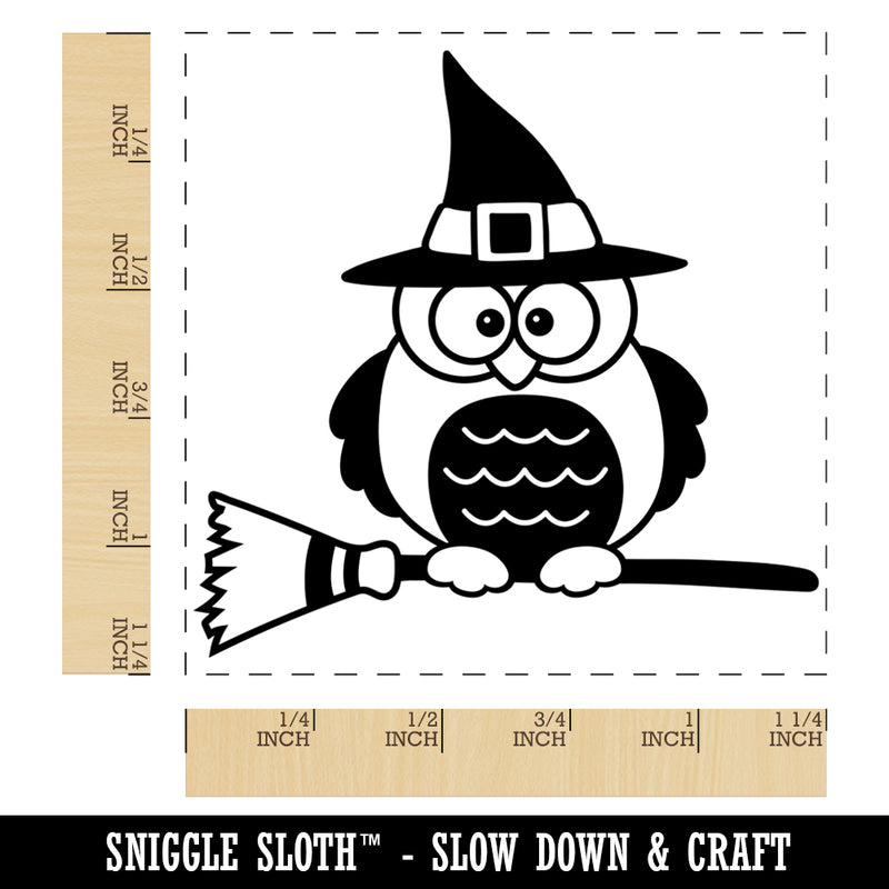 Owl with Witch Hat on Broom Halloween Square Rubber Stamp for Stamping Crafting