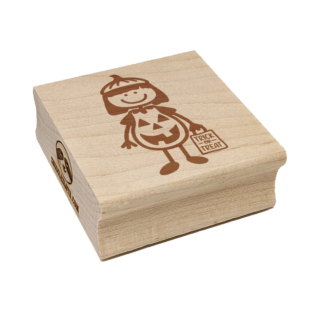 Stick Figure Girl Halloween Pumpkin Square Rubber Stamp for Stamping Crafting