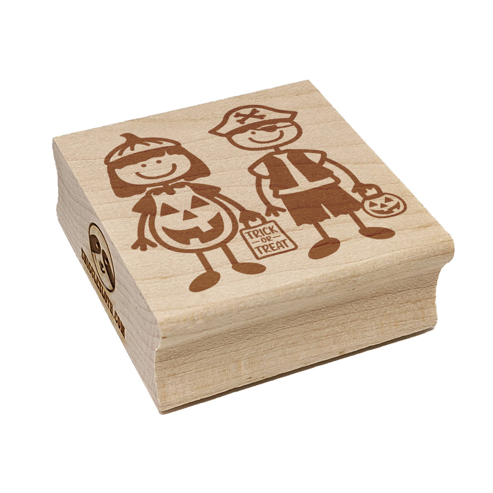 Stick Figure Halloween Trick Or Treaters Kids Square Rubber Stamp for Stamping Crafting