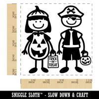 Stick Figure Halloween Trick Or Treaters Kids Square Rubber Stamp for Stamping Crafting