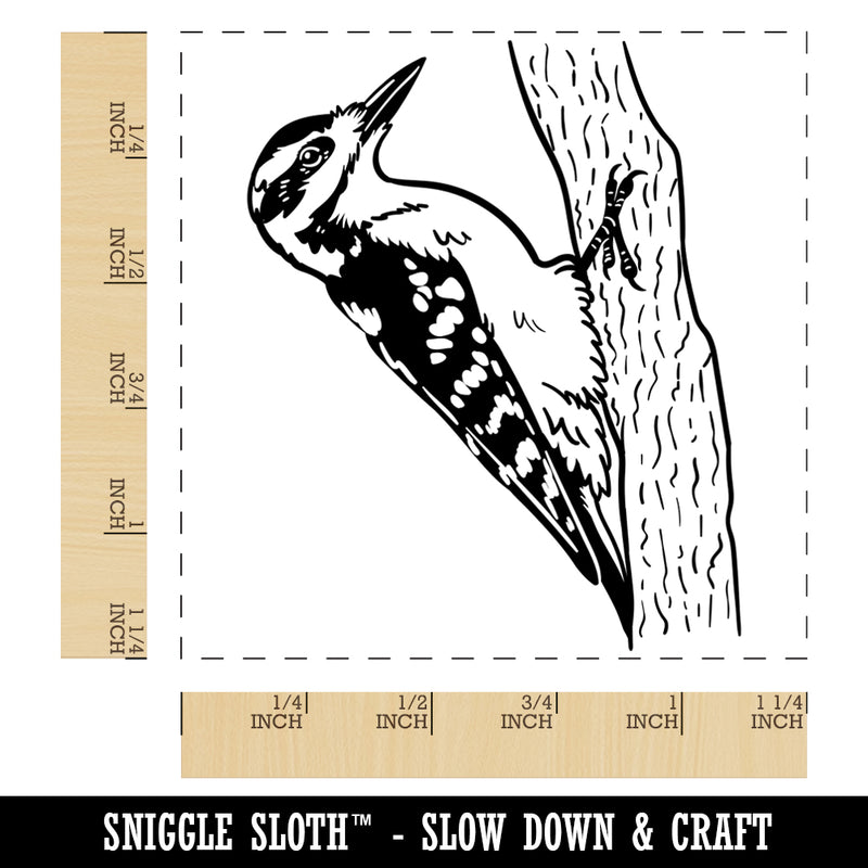 Hairy Woodpecker Bird on Tree Square Rubber Stamp for Stamping Crafting