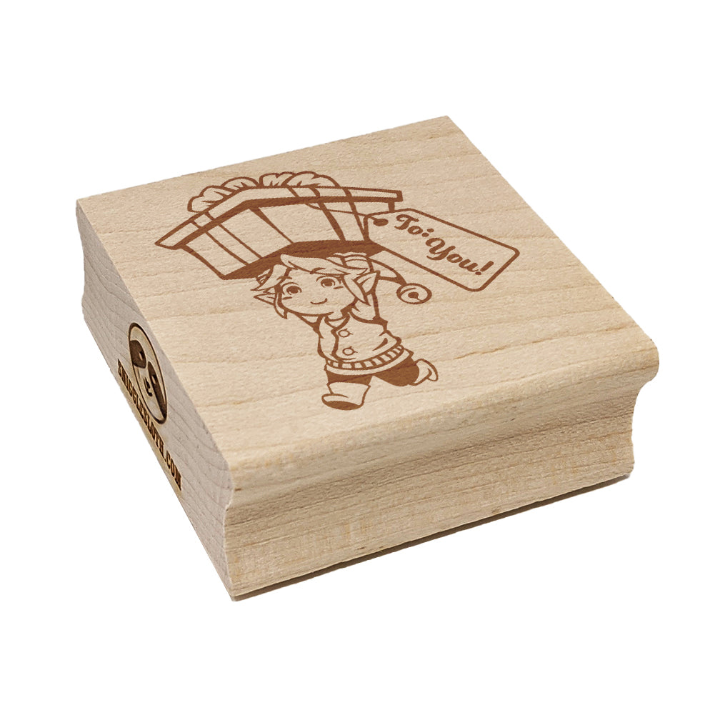 Christmas Elf with a Gift for You Square Rubber Stamp for Stamping Crafting