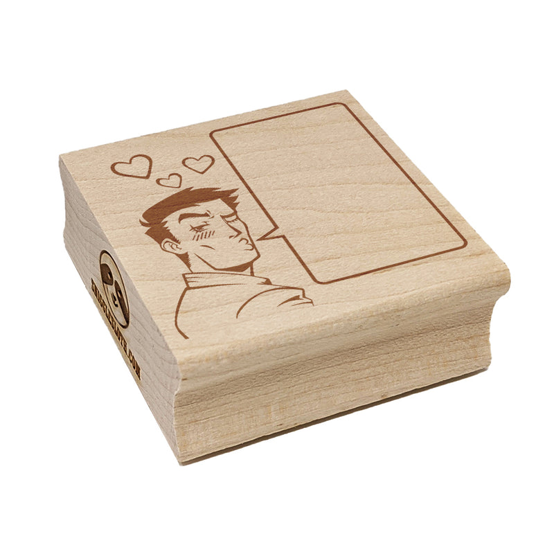 Flirty Manga Man with Empty Speech Text Bubble Square Rubber Stamp for Stamping Crafting