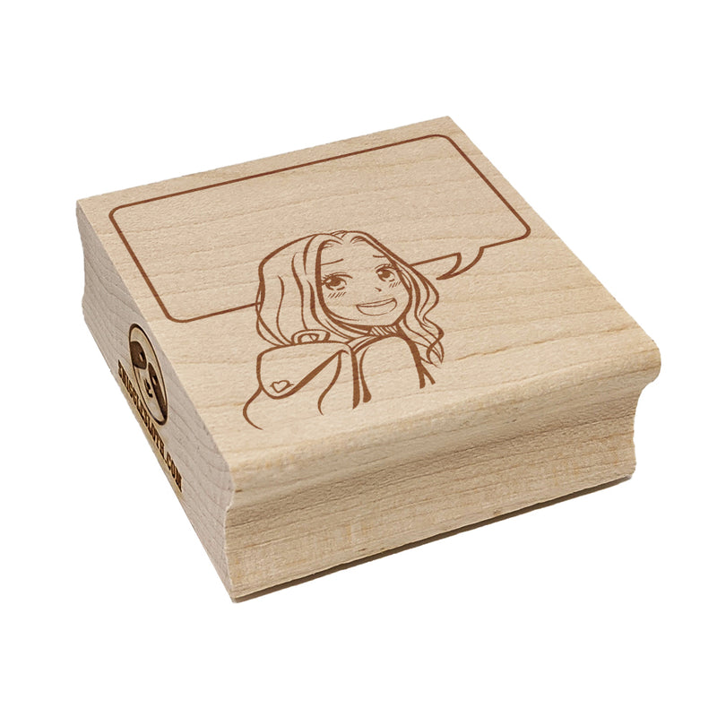 Happy Anime Manga Girl with Empty Speech Text Bubble Square Rubber Stamp for Stamping Crafting