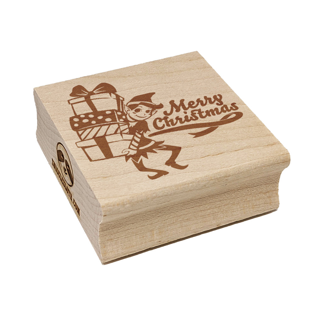 Merry Christmas Elf with Presents Gifts Square Rubber Stamp for Stamping Crafting