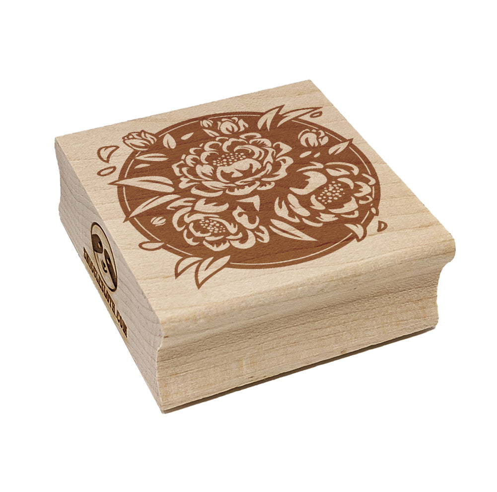 Peony Flowers in Circle Square Rubber Stamp for Stamping Crafting