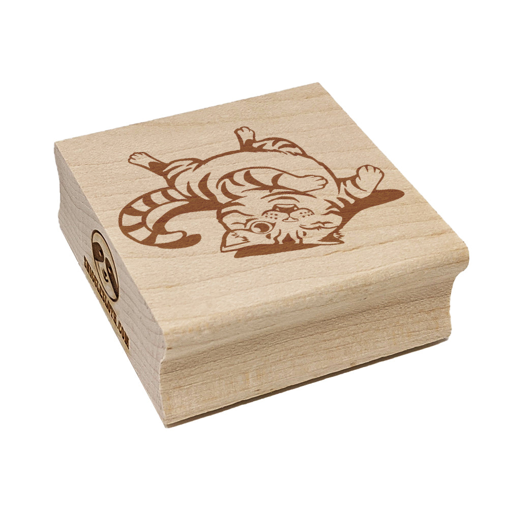 Playful Cat Rolling Around Square Rubber Stamp for Stamping Crafting