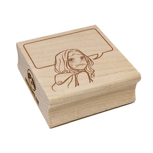 Sad Anime Manga Girl with Empty Speech Bubble Square Rubber Stamp for Stamping Crafting