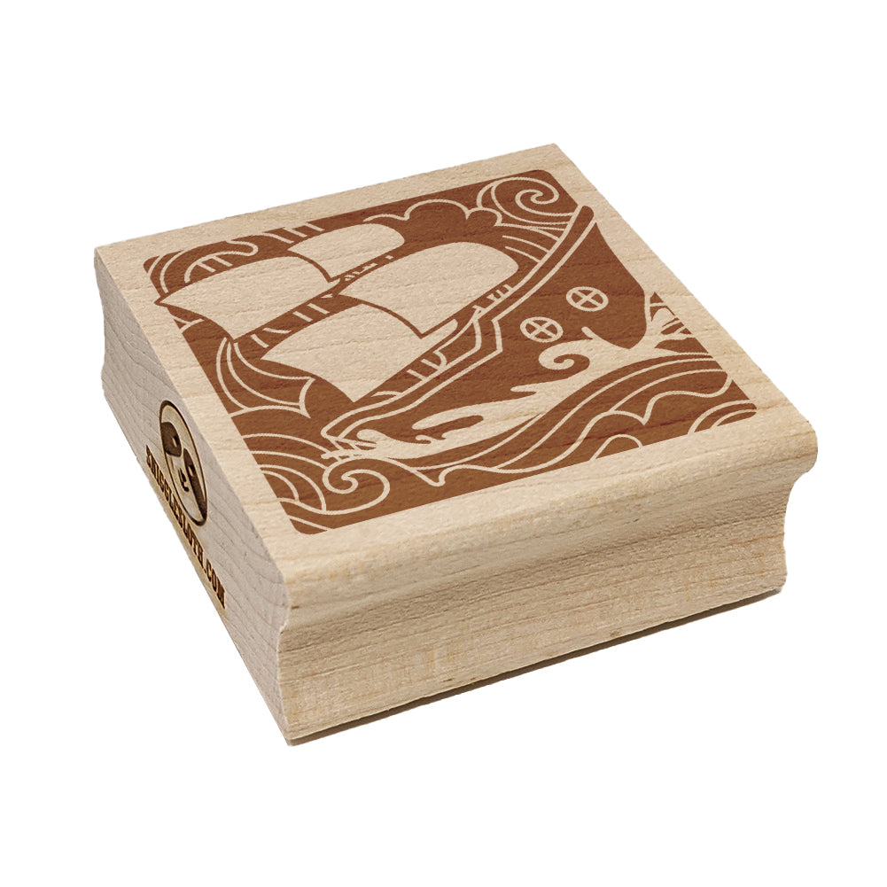 Ship Sailing on Turbulent Waves Square Rubber Stamp for Stamping Crafting