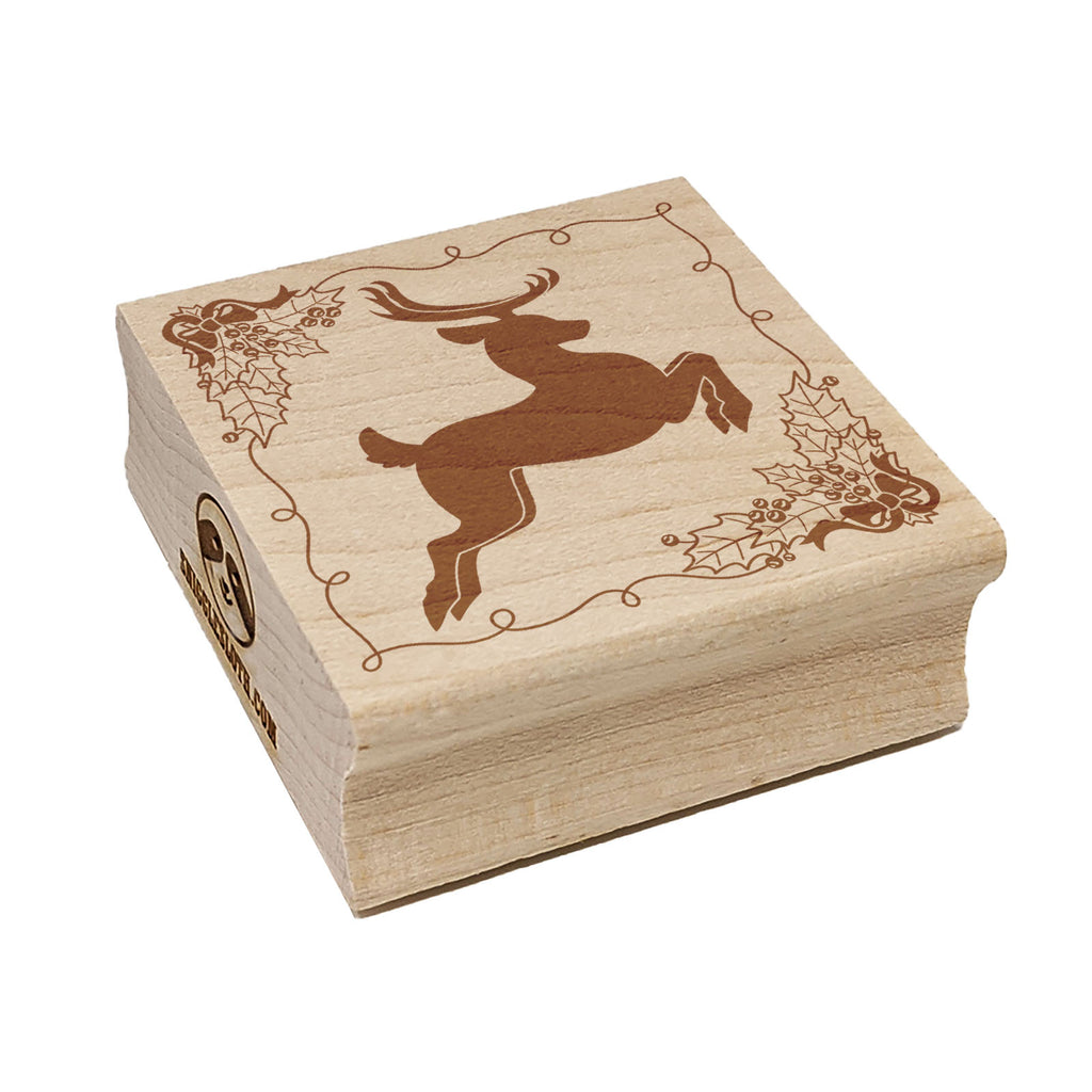 Flying Reindeer with Holly Border Christmas Square Rubber Stamp for Stamping Crafting