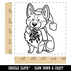 Happy Christmas Corgi with Mistletoe in Santa Hat Square Rubber Stamp for Stamping Crafting