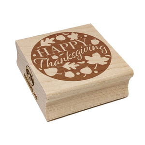 Happy Thanksgiving Circle with Fall Leaves and Acorns Square Rubber Stamp for Stamping Crafting