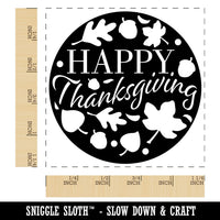 Happy Thanksgiving Circle with Fall Leaves and Acorns Square Rubber Stamp for Stamping Crafting