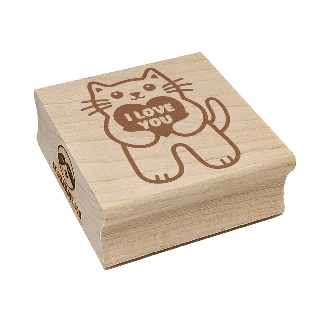 Cat Holding I Love You Heart Anniversary Valentine's Day Square Rubber Stamp for Stamping Crafting