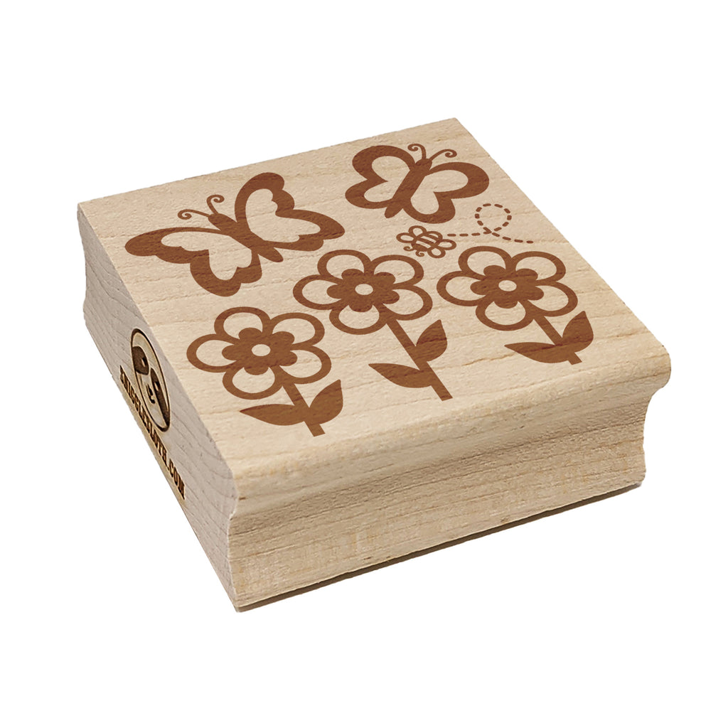 Flowers and Butterflies with Bee Square Rubber Stamp for Stamping Crafting
