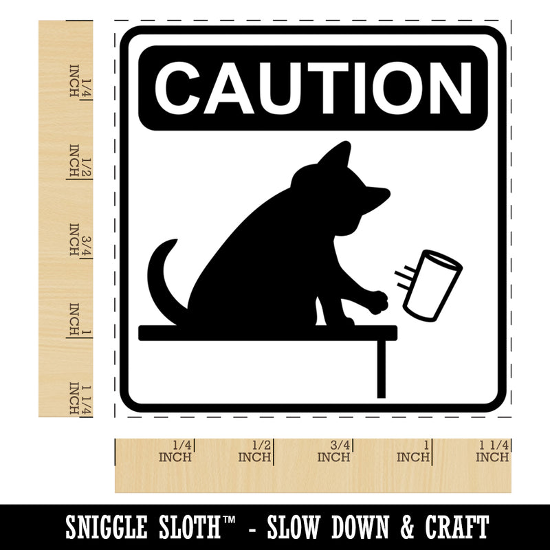 Caution Cat Knocks Things Over Square Rubber Stamp for Stamping Crafting