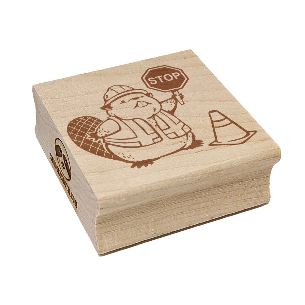Construction Worker Beaver Builder with Stop Sign Square Rubber Stamp for Stamping Crafting
