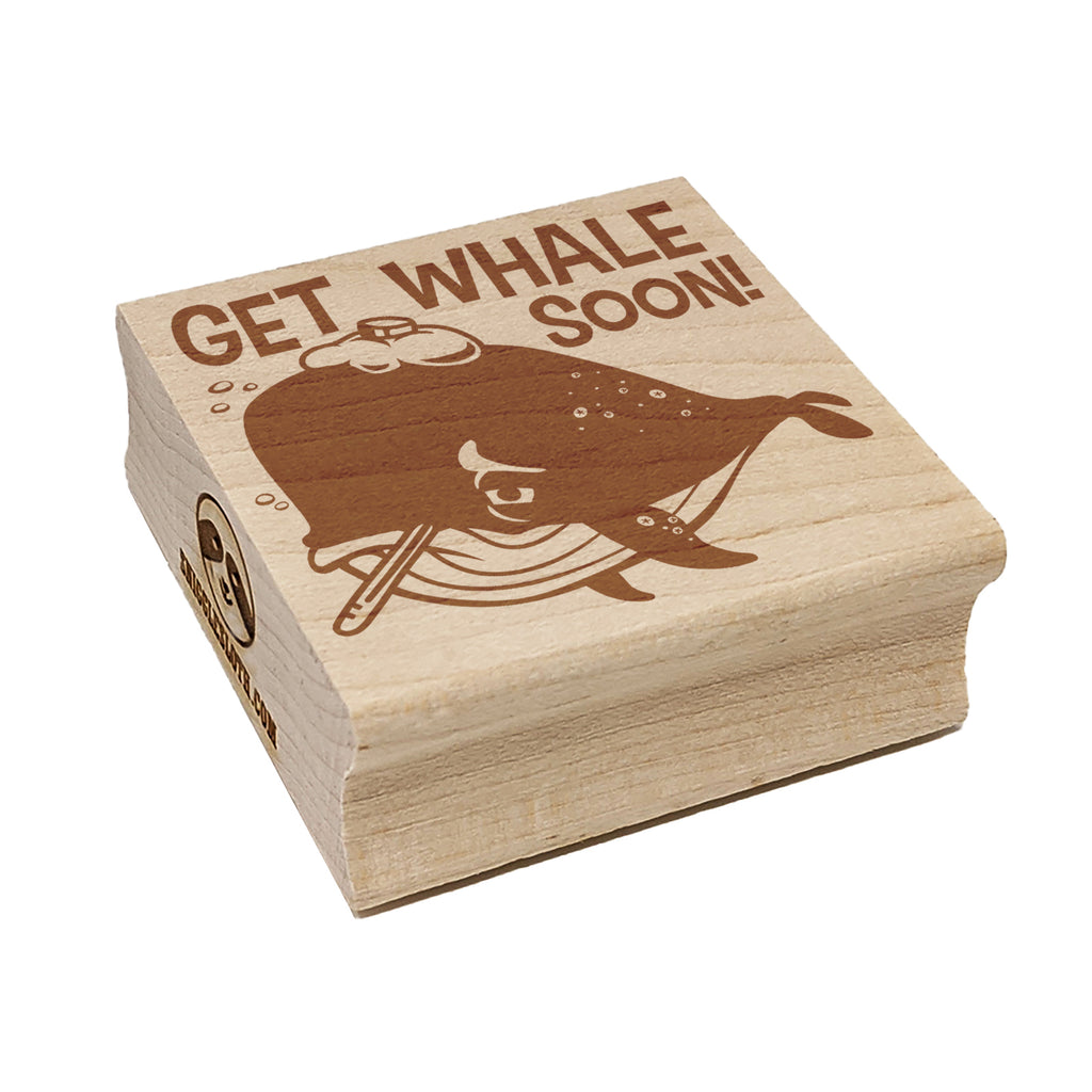 Get Well Soon Sick Whale with Thermometer and Ice Pack Square Rubber Stamp for Stamping Crafting