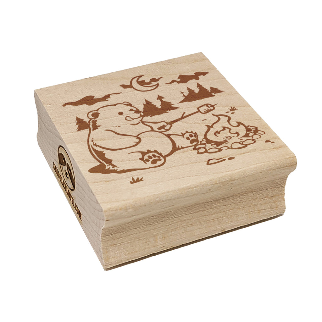 Hungry Bear Making S'mores over a Campfire Square Rubber Stamp for Stamping Crafting