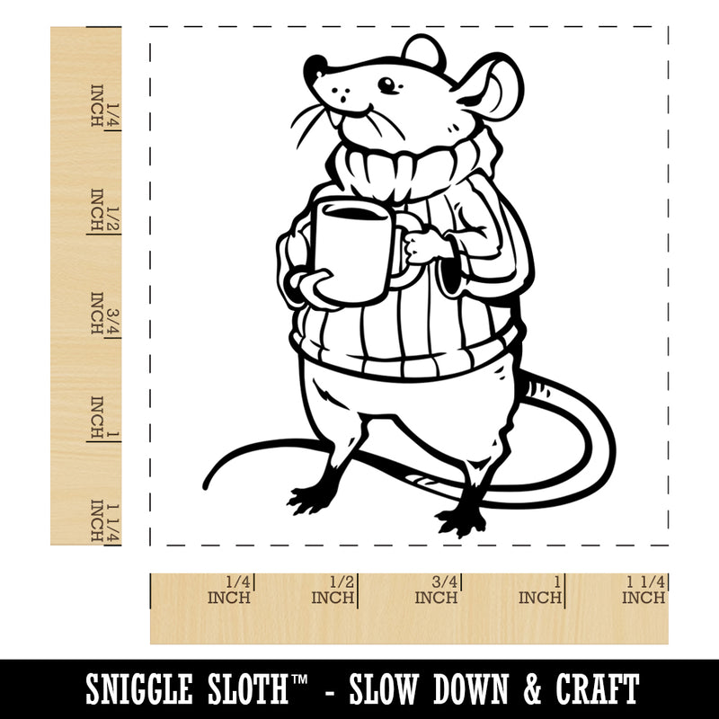 Proud Mouse in Sweater with Mug Square Rubber Stamp for Stamping Crafting