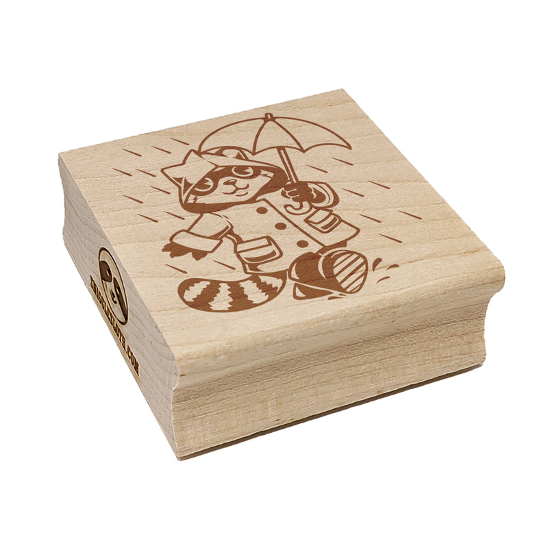 Raccoon in Raincoat Walking in the Rain Square Rubber Stamp for Stamping Crafting