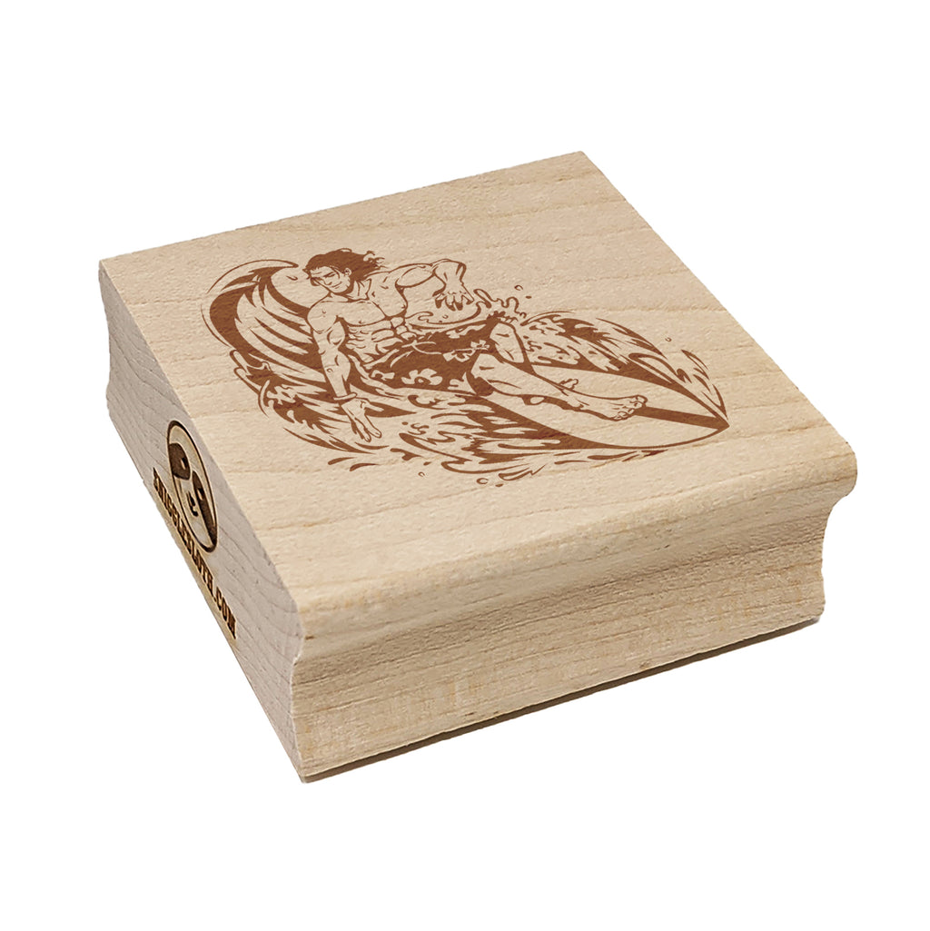 Surfer Man Riding Wave with Surfboard Square Rubber Stamp for Stamping Crafting