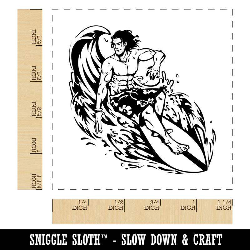 Surfer Man Riding Wave with Surfboard Square Rubber Stamp for Stamping Crafting