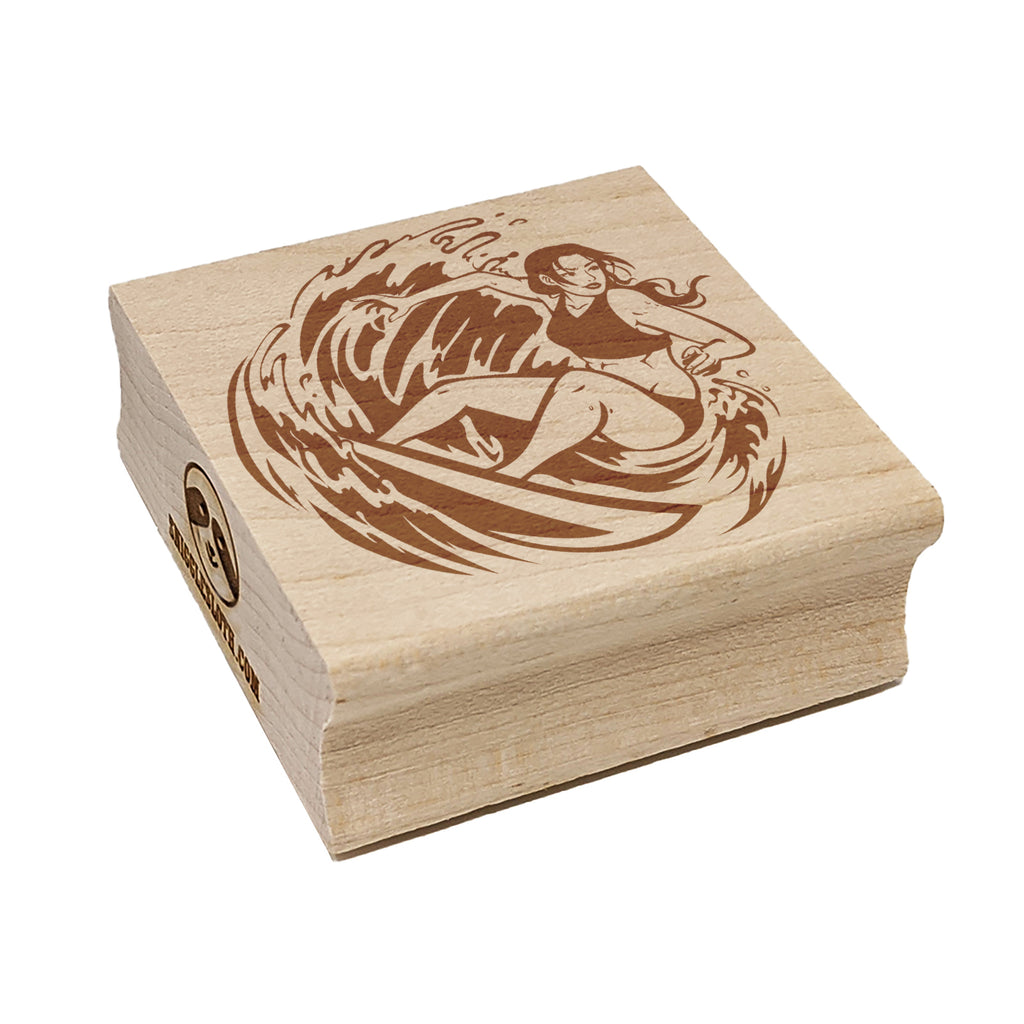 Surfer Woman Riding Wave with Surfboard Square Rubber Stamp for Stamping Crafting