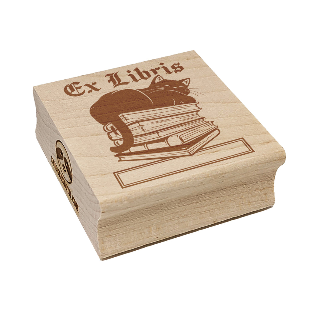 Ex Libris Cat on Stack of Books Reading Square Rubber Stamp for Stamping Crafting