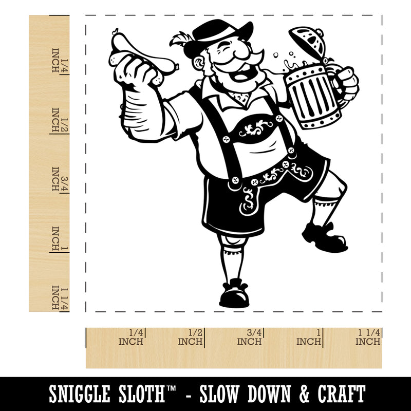 Jolly Bavarian Man in Lederhosen with Beer Stein and Sausage Square Rubber Stamp for Stamping Crafting