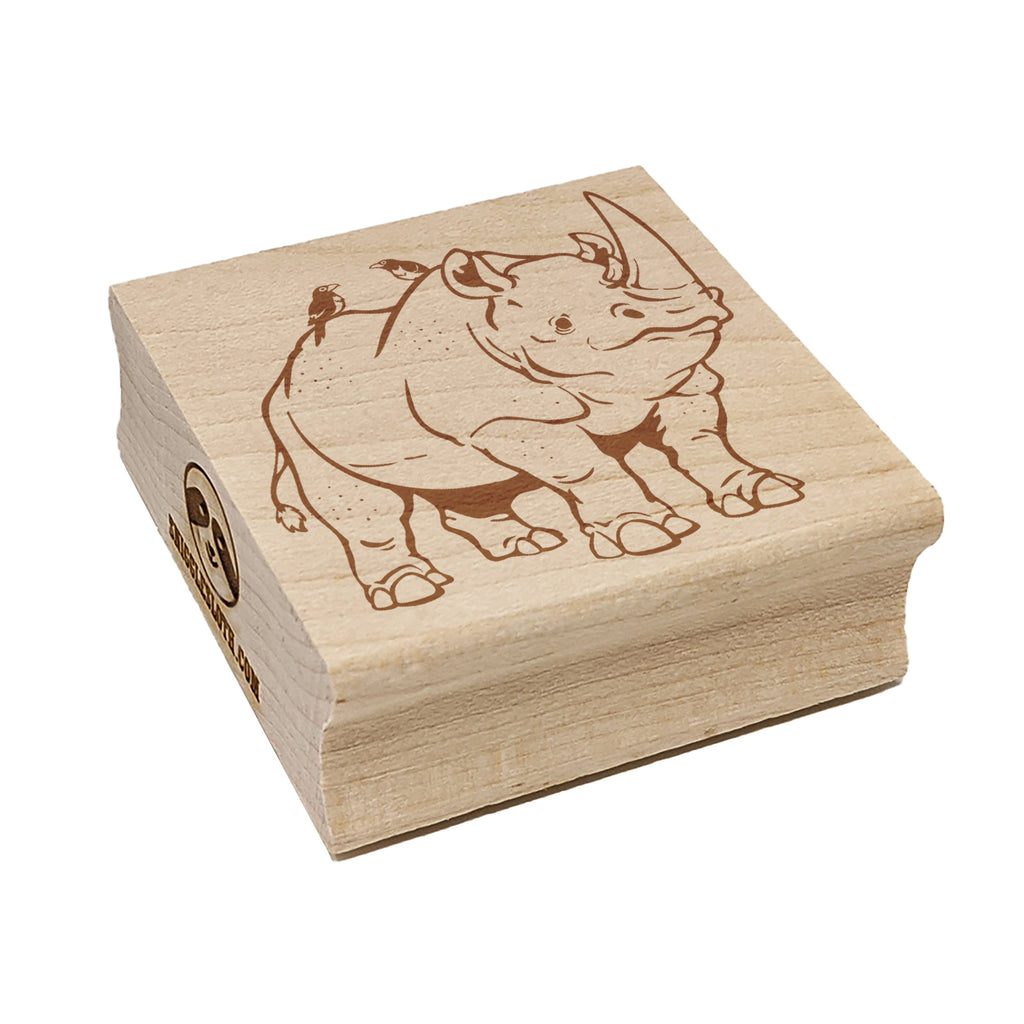 Jolly White Rhinoceros with Bird Friends Square Rubber Stamp for Stamping Crafting